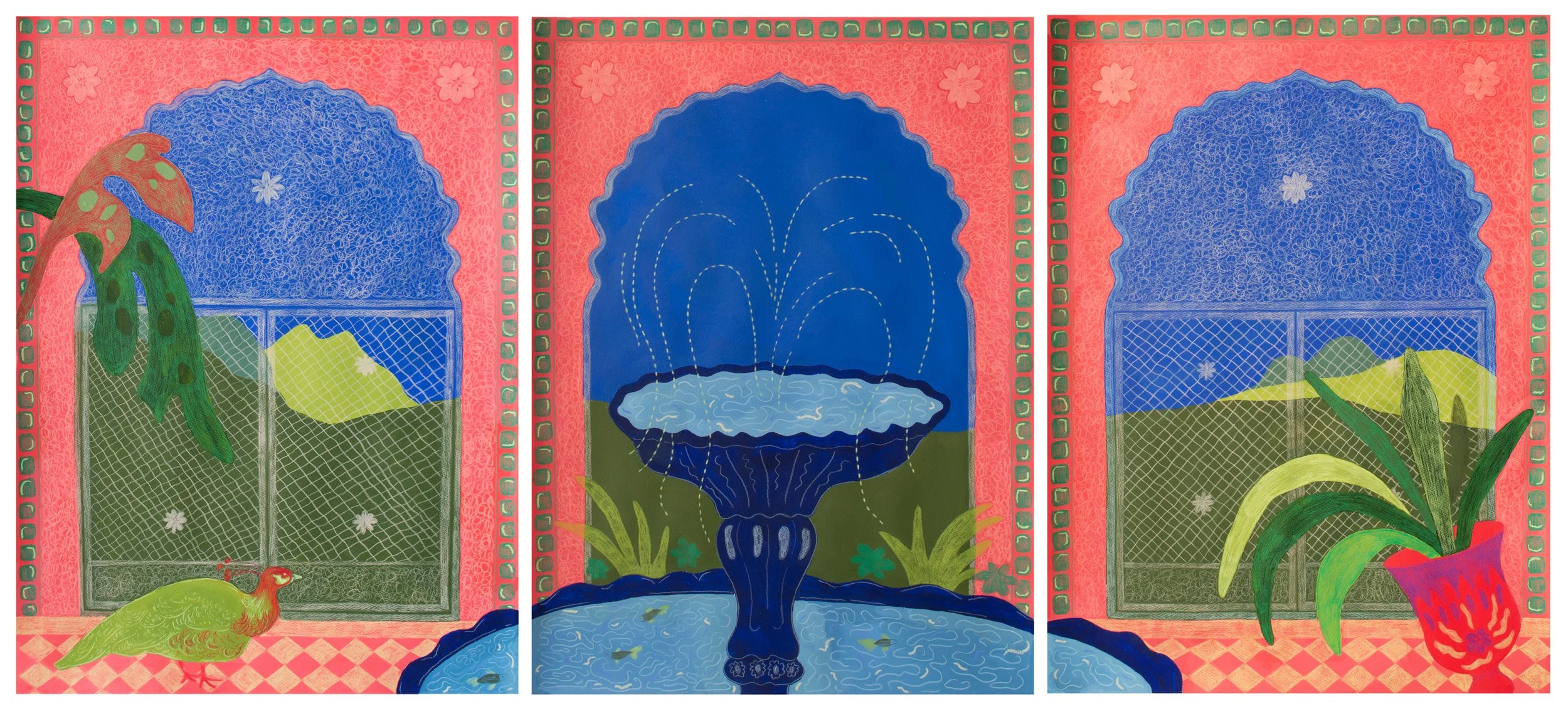 Peacock At The Fountain, Acrylic, Pastels and Pencil Colour on Paper, 168 x 76cm, 2026.jpg