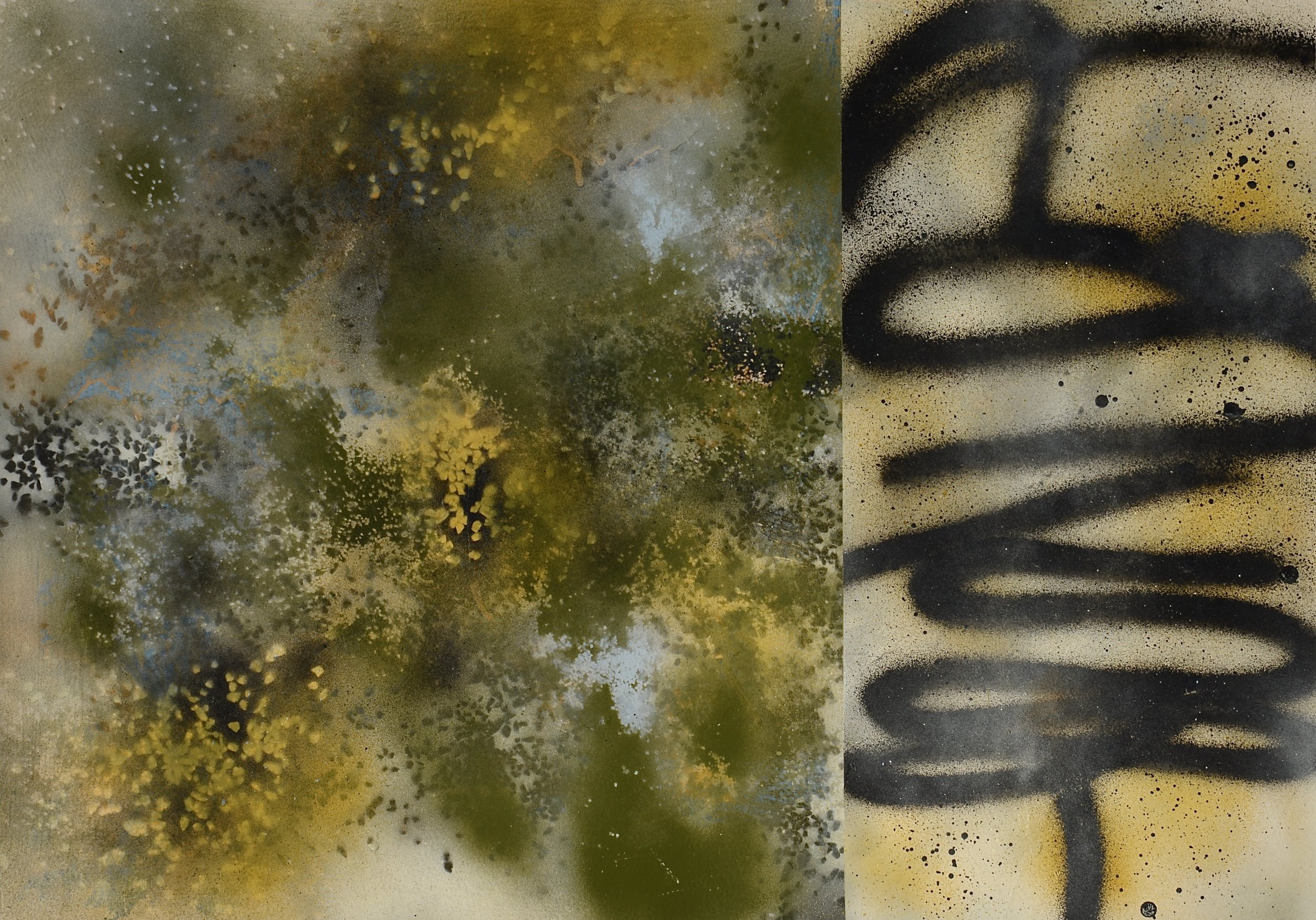 Vincent Serbin. Embryonic Toon, spray paint on watercolor paper, 22"X30", 2024