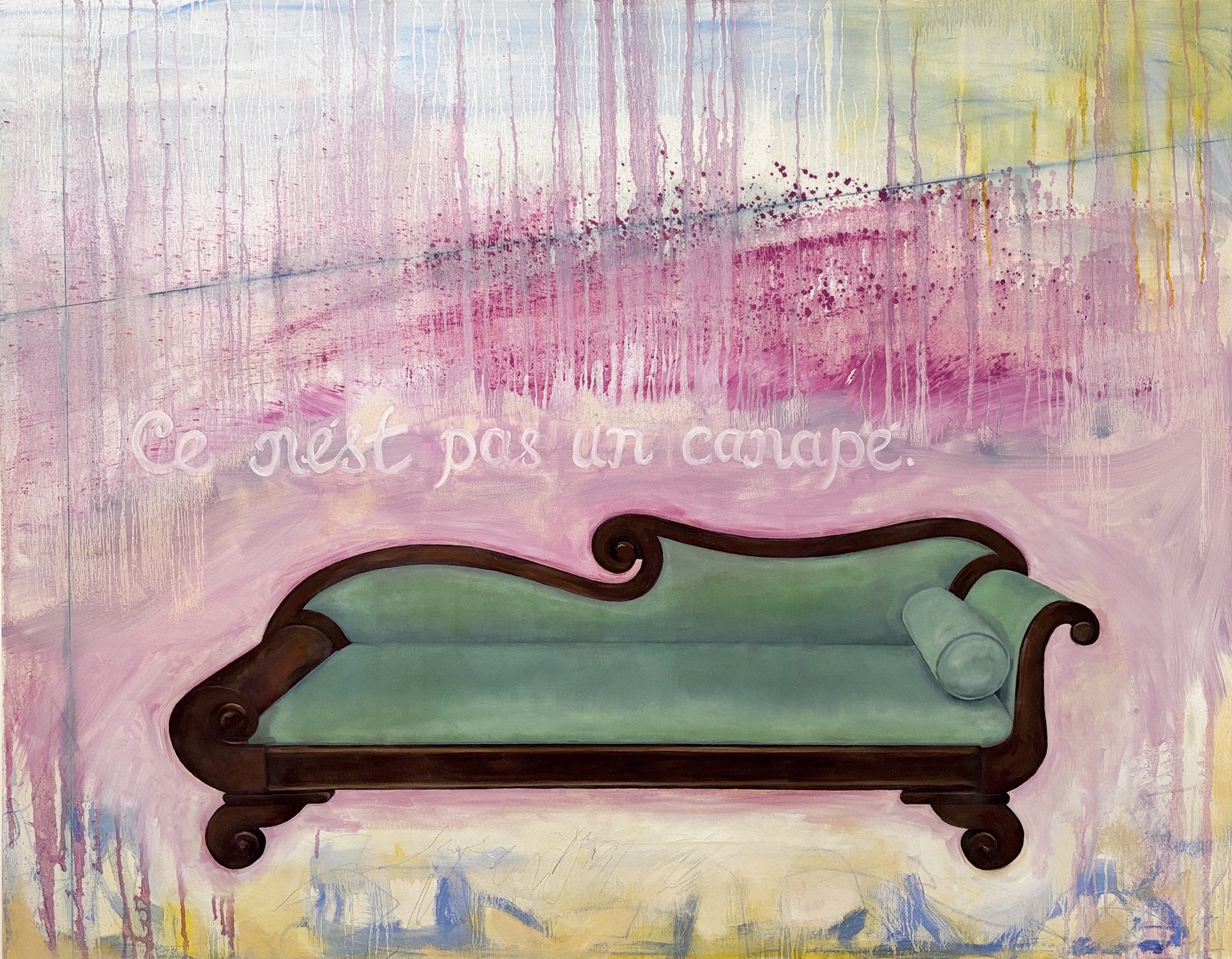 Susan Rollins. Ce nést un canapé. oil on canvas, 48" x 36", 2025