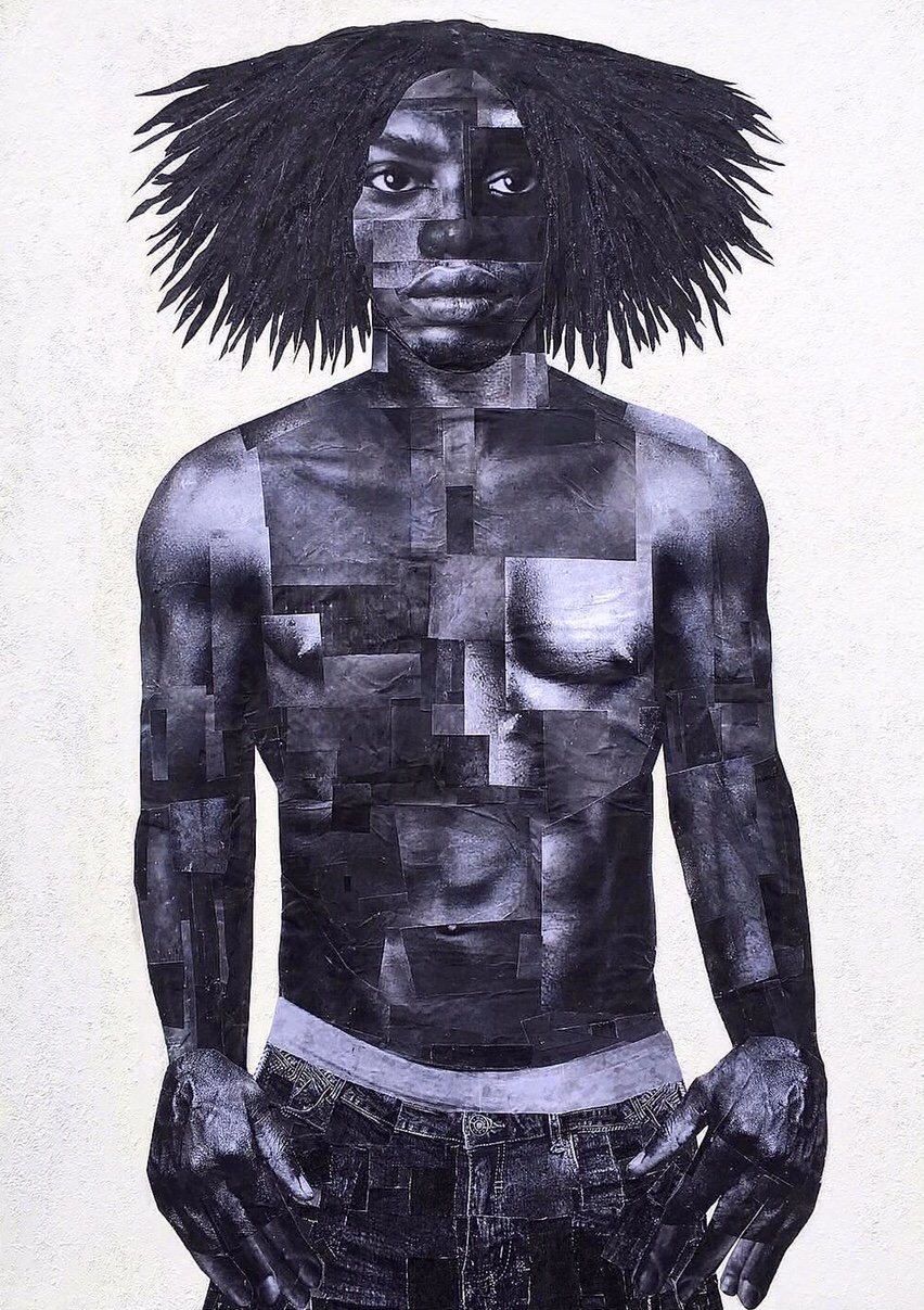 Paula Mans. Untamed, mixed media collage, 36 x 48 inches, 2022