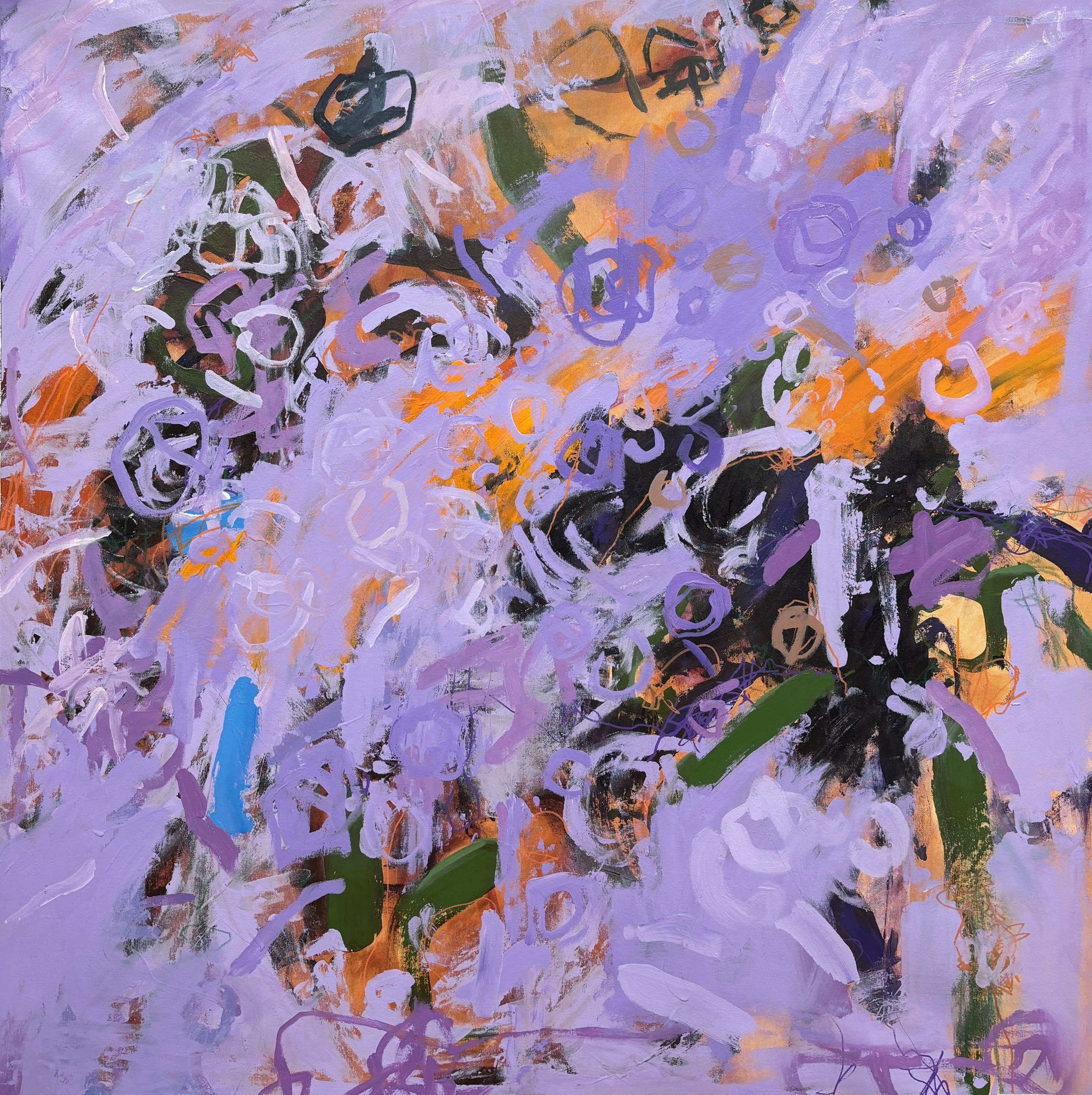 Sandra Hollander. Upside-down Taxi, acrylic, marker, 48"x48", 2024