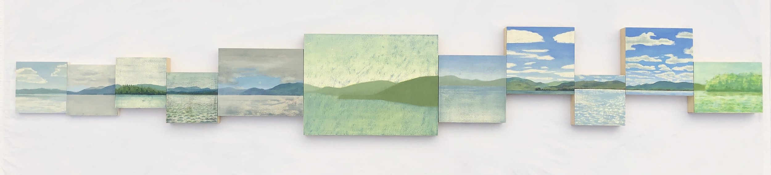 Katherine Patterson. Lake George in August, oil on panels, 18" x 84", 2022