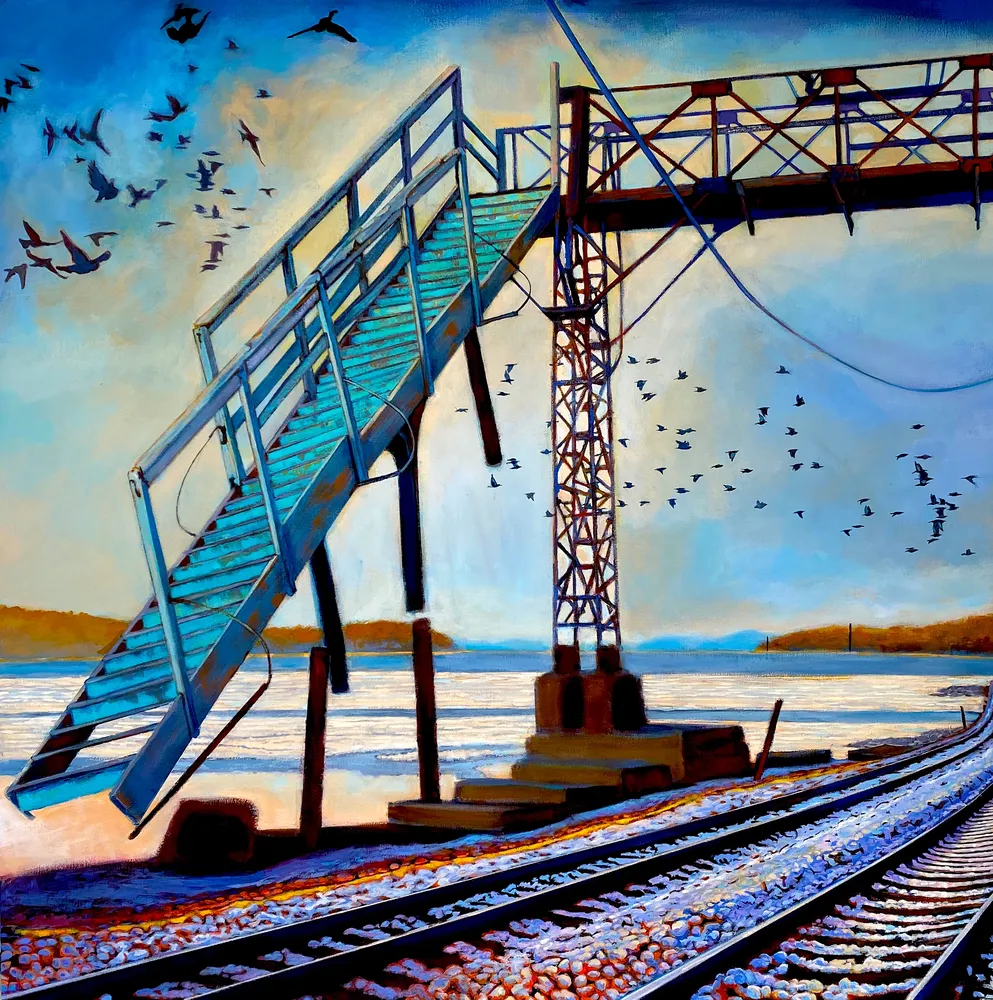 Susan Barrett. Hanging by a Thread, acrylic on canvas, 36 x 36 in., 2025