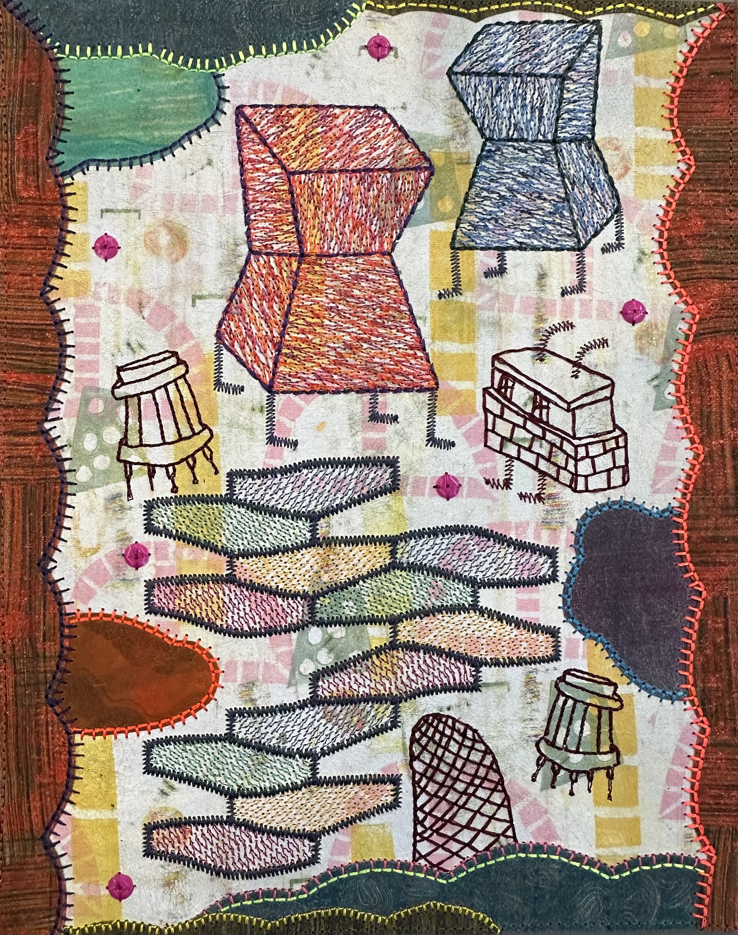 Leslie Giuliani. The Joint is Jumpin, Embroidered Encaustic Painting on Microfiber Paper, 10" x 8", 2024