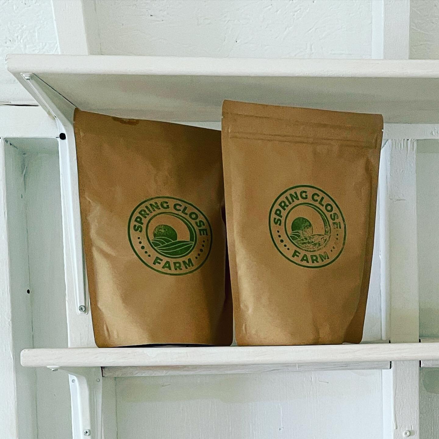 Custom ☕️ blend looks good on our fresh white shelves 🤗 can&rsquo;t wait to finish stocking the store! #coffee #farmstand #comingsoon #onestop #springclosefarm