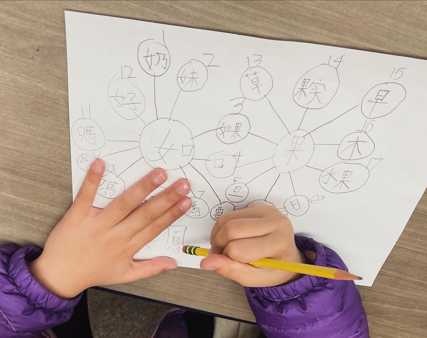 Check out more double bubble map Chinese writing examples! 📝

Today, my first graders picked &ldquo;如果&rdquo; to be the word of the day. They created double bubble map on their sheet and come up with characters with the same radicals or word parts. 