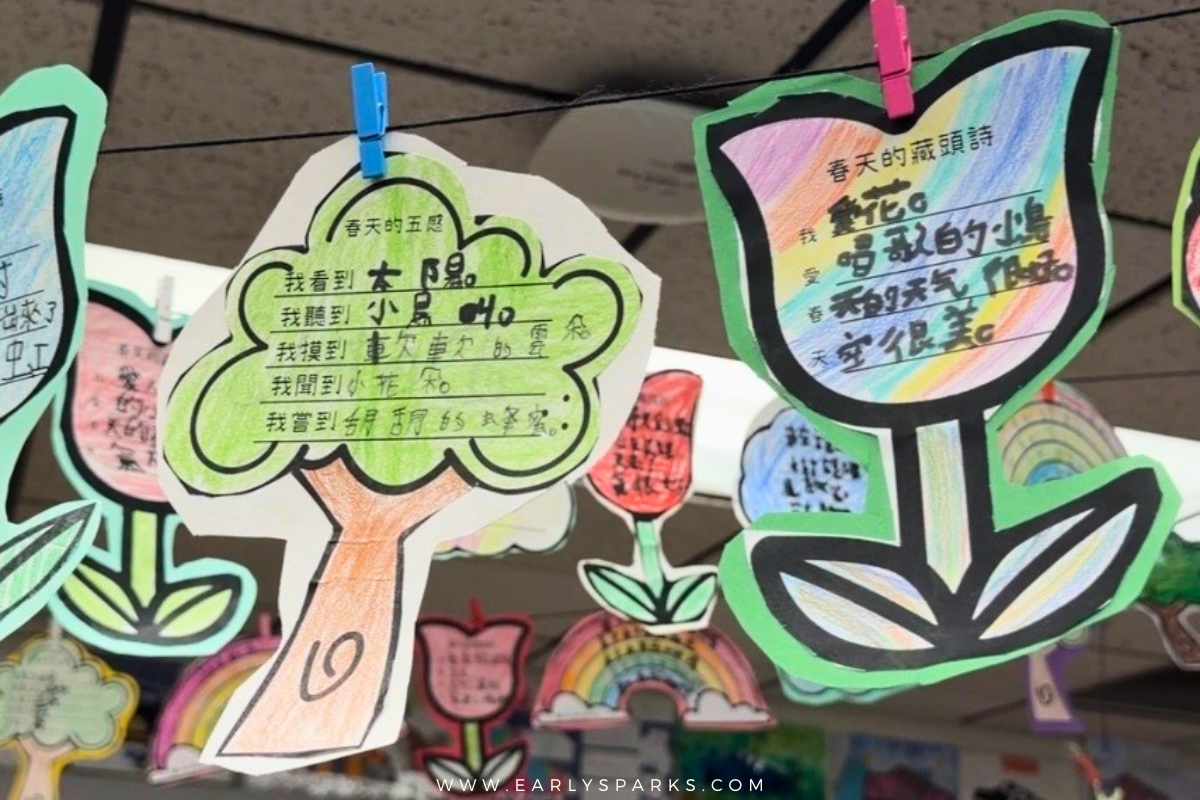 Chinese student poetry displayed on a classroom string line, featuring a five senses poem (五感诗) on a tree cutout and an acrostic poem (藏头诗) on a flower cutout, part of a spring poetry writing unit in a Chinese immersion classroom
