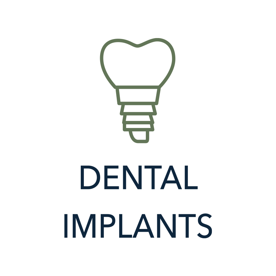 Graphic of a tooth with an implant screw and the text 'DENTAL IMPLANTS' underneath.