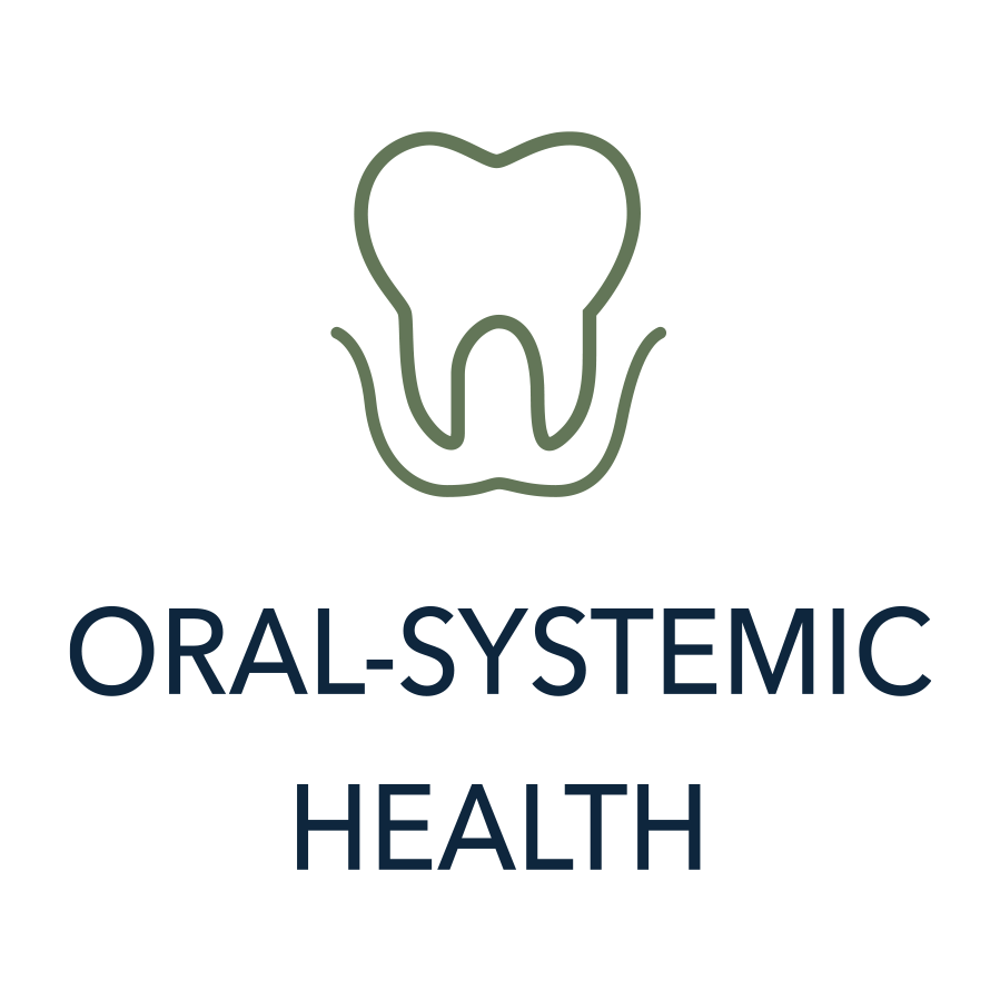 A simple line drawing of a tooth with roots, above the words "Oral-Systemic Health" in bold letters.
