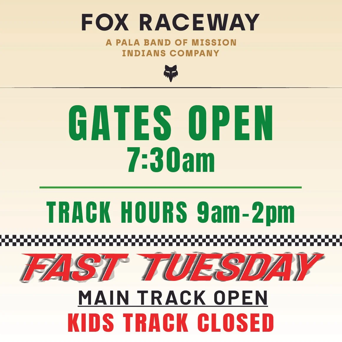 OPEN - fast TUESDAY - kids track closed