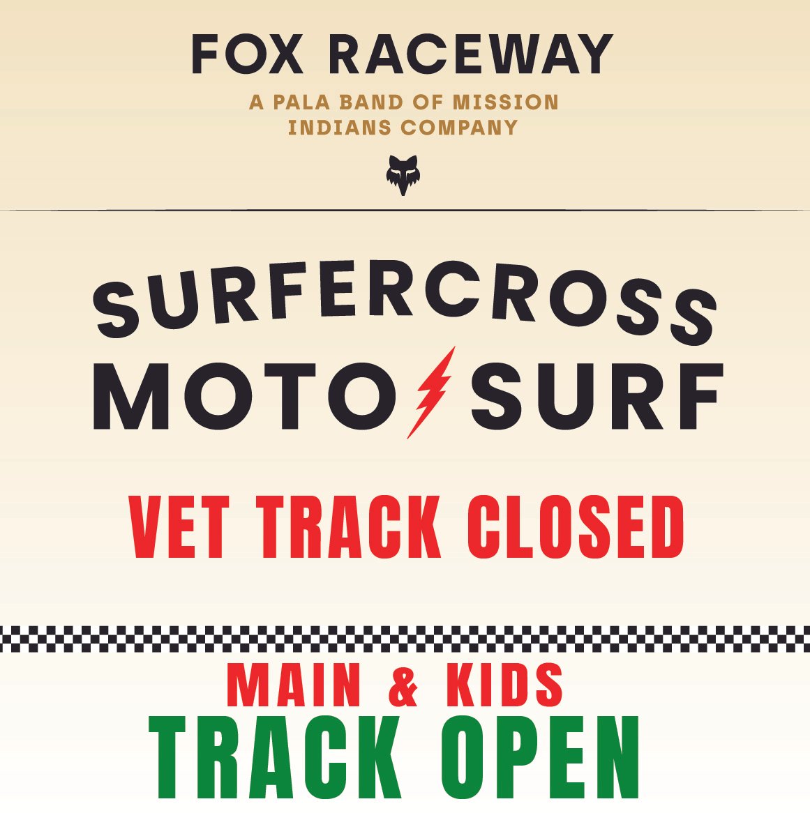 SURFER CROSS - VET TRACK CLOSED - MAIN &amp; KIDS TRACK OPEN