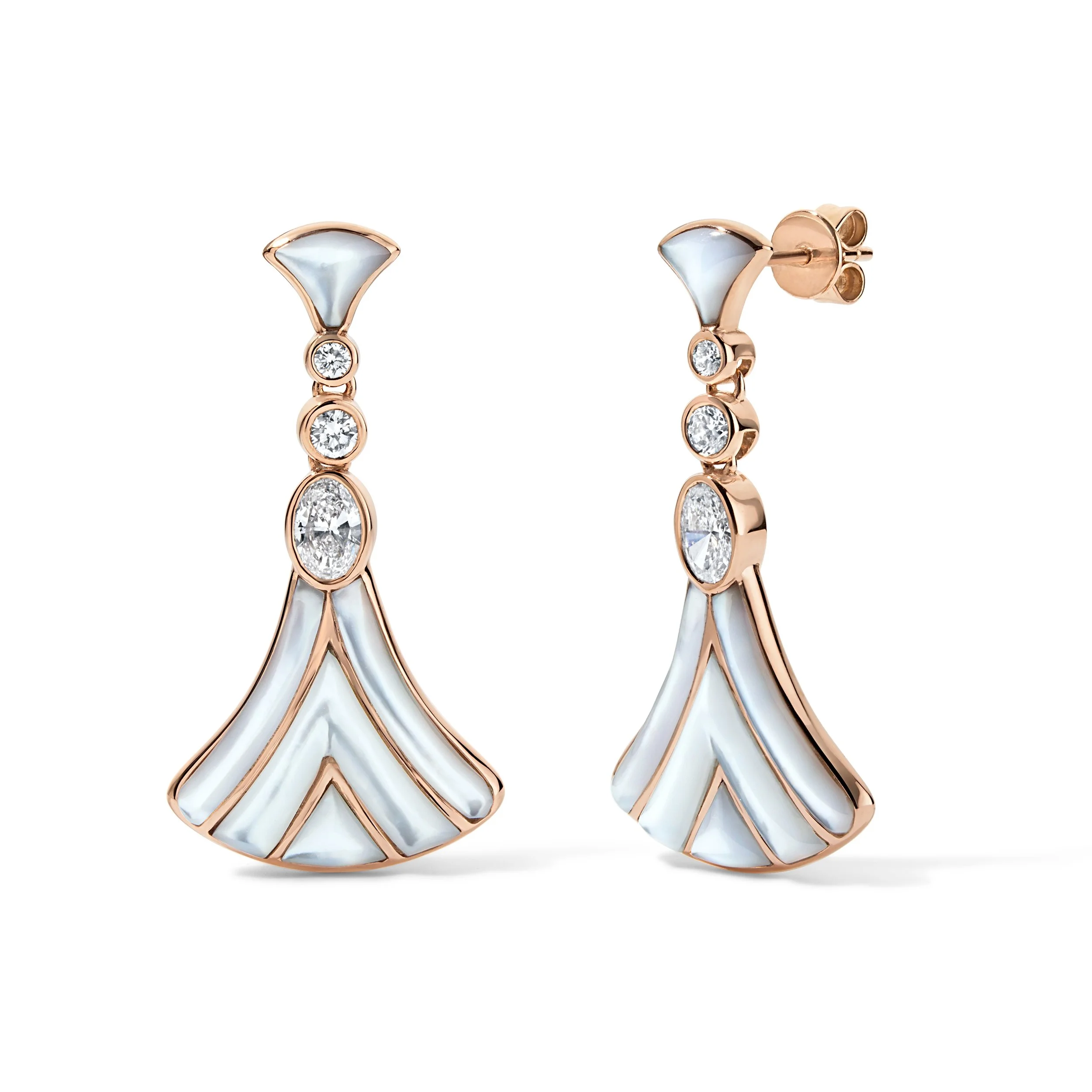 Lotus Drop Earrings — 18K Rose Gold with White Mother of Pearl & Diamonds 