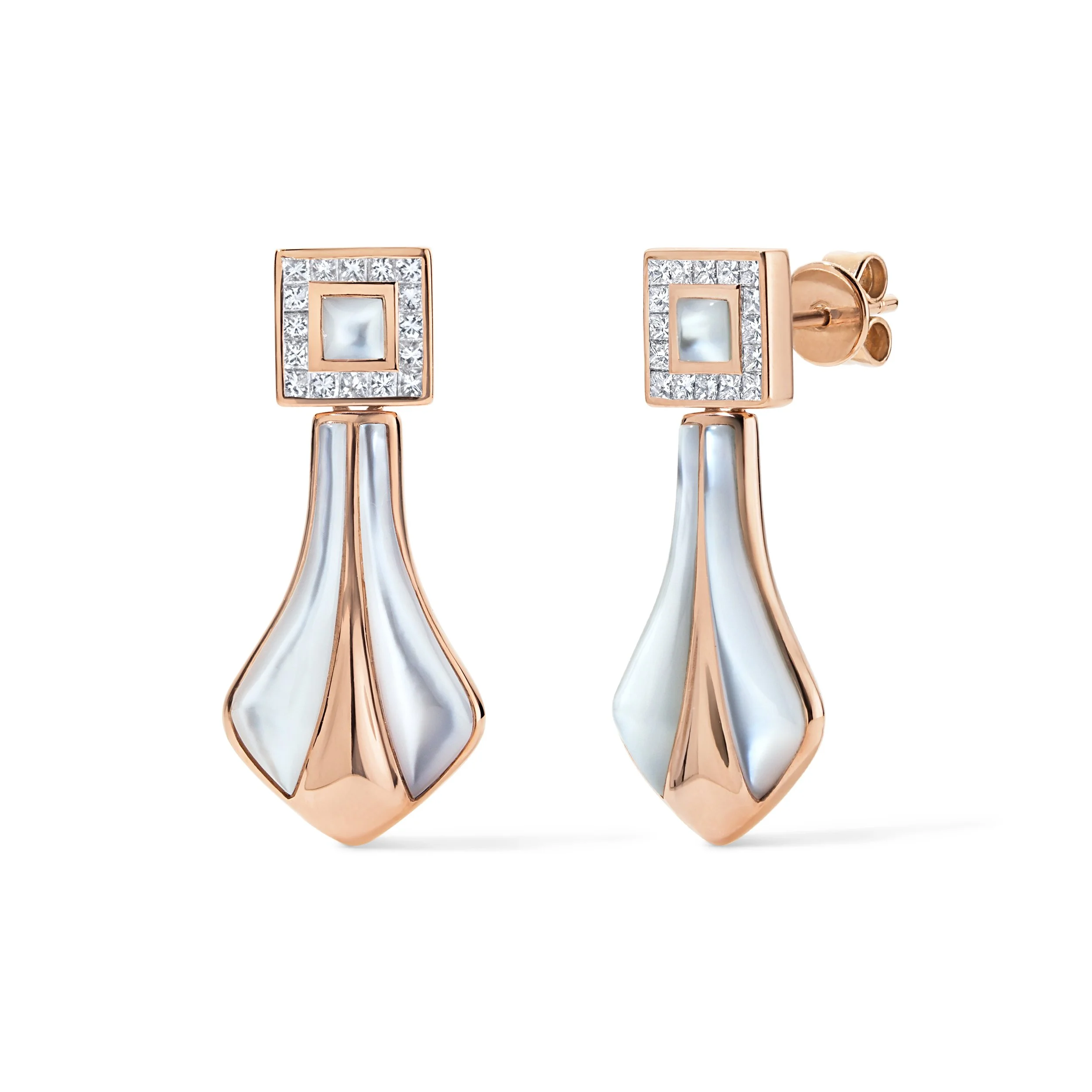 Elaraé Drop Earrings — 18K Rose Gold with White Mother of Pearl & Diamonds