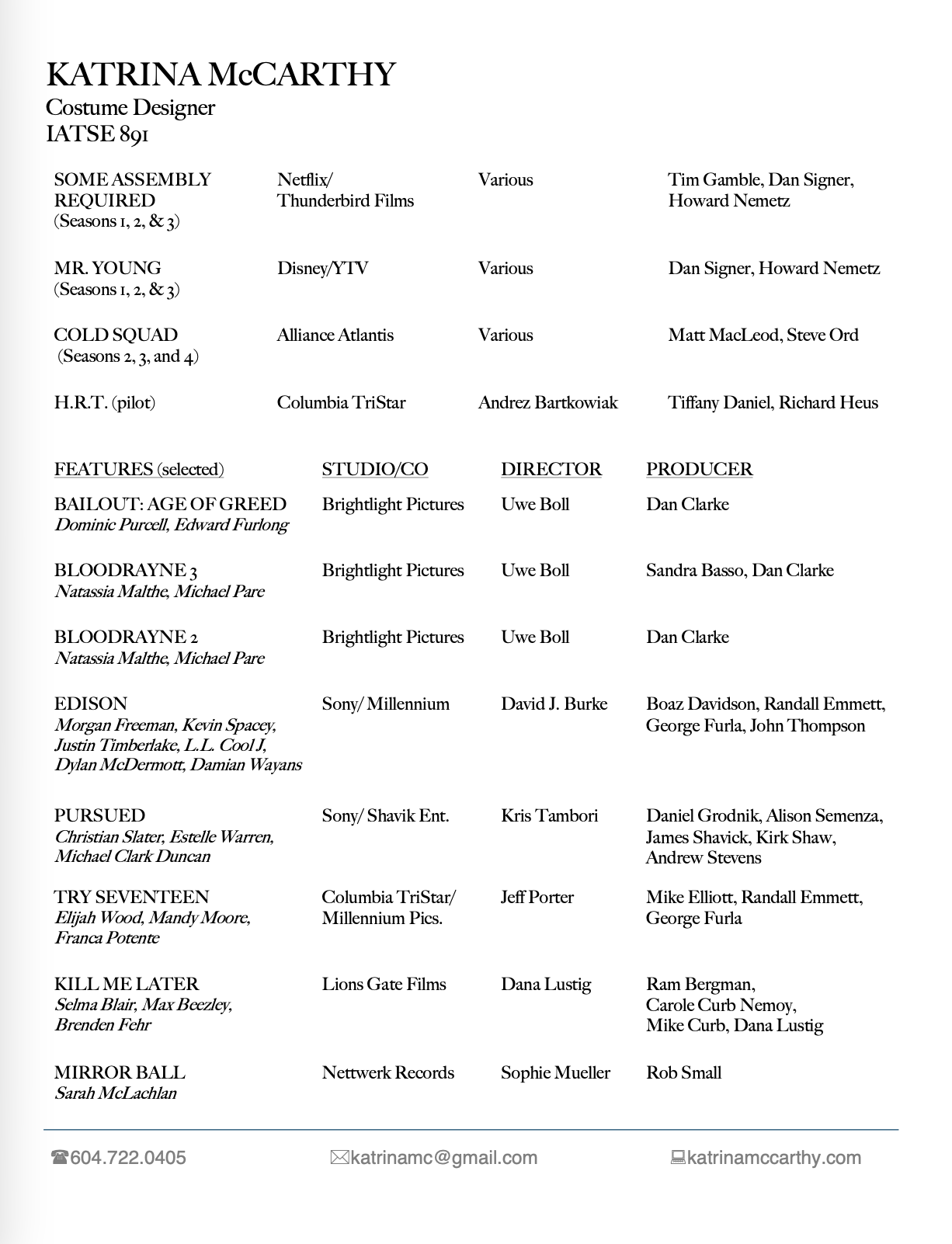 Resume of Katrina McCarthy, costume designer, listing her credits and contact information.