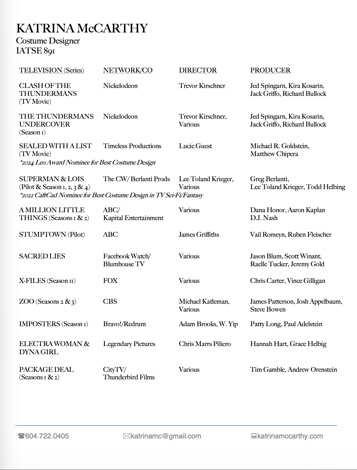 A résumé for Katrina McCarthy, a costume designer, listing film and TV credits, contact information, and website details.