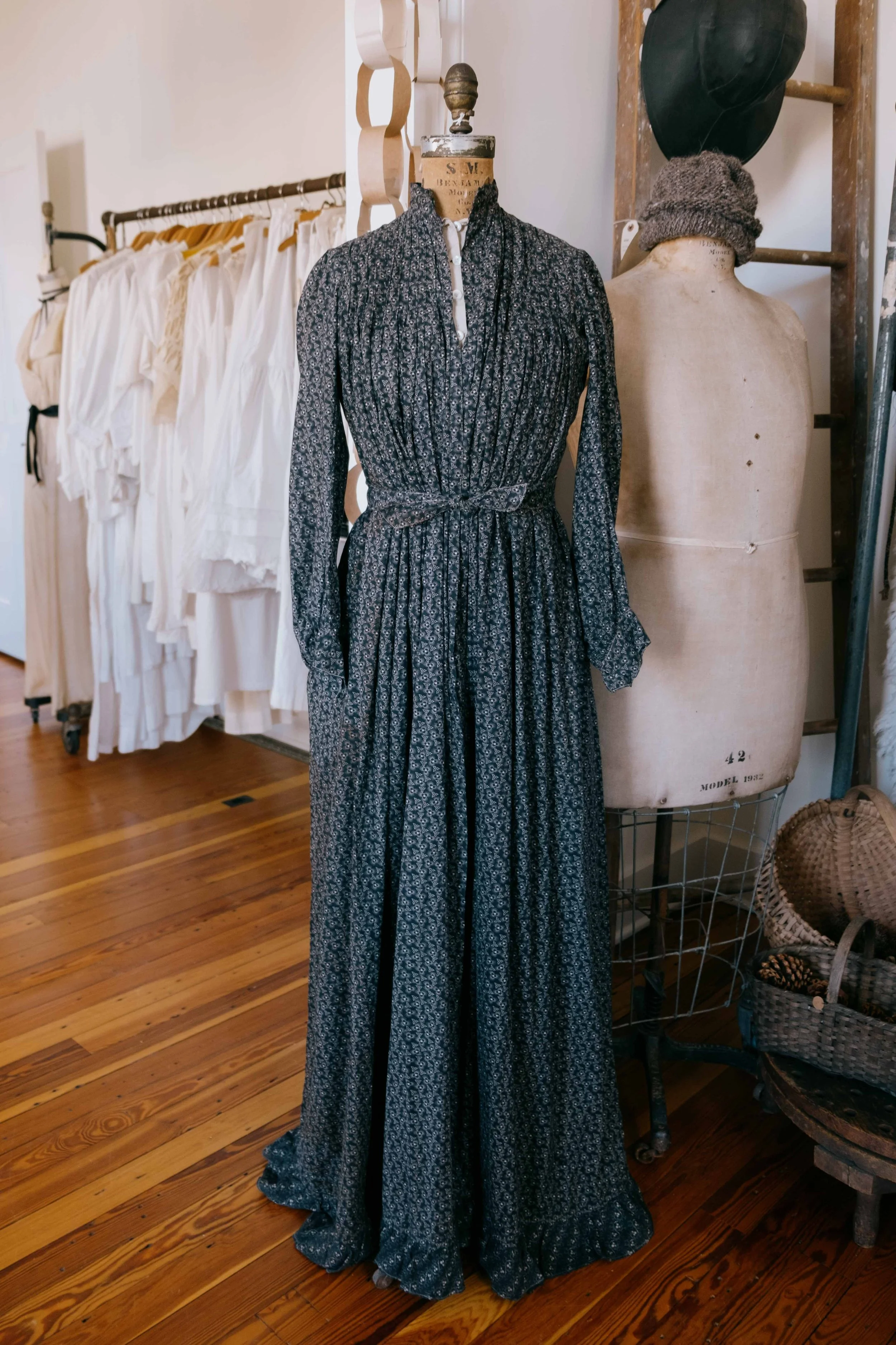 1880s Black Calico Wrapper Dress