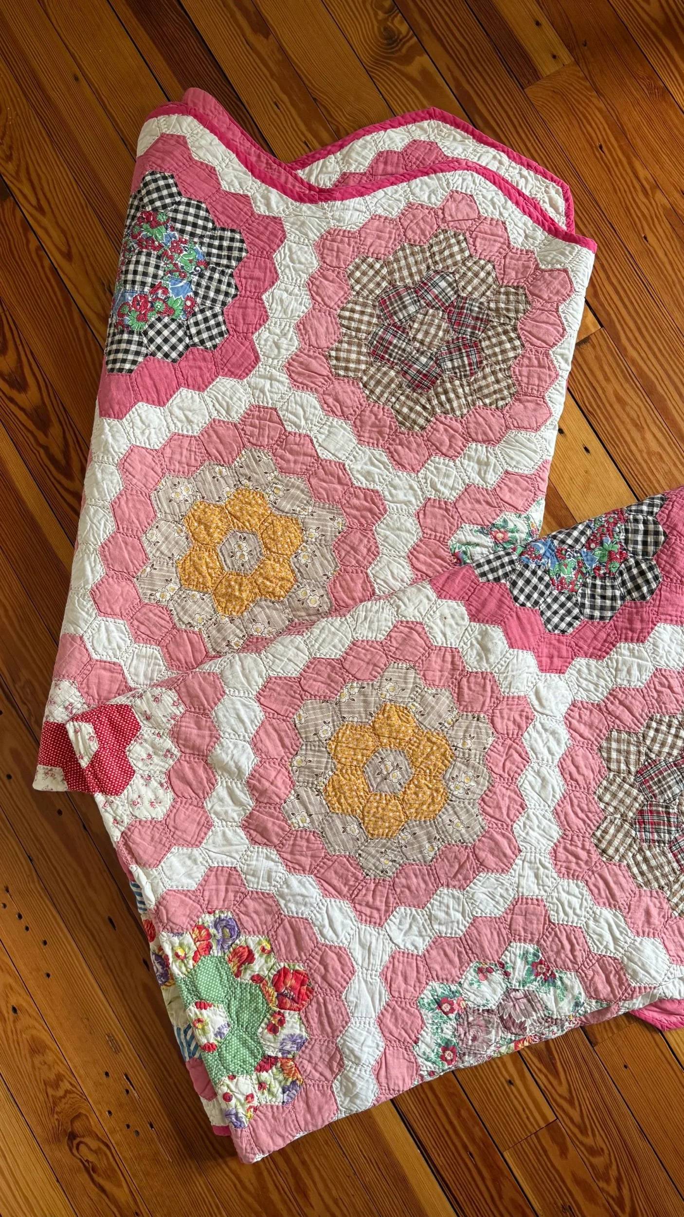 Pair of 1940s Grandmother's Flower Garden Twin Quilts