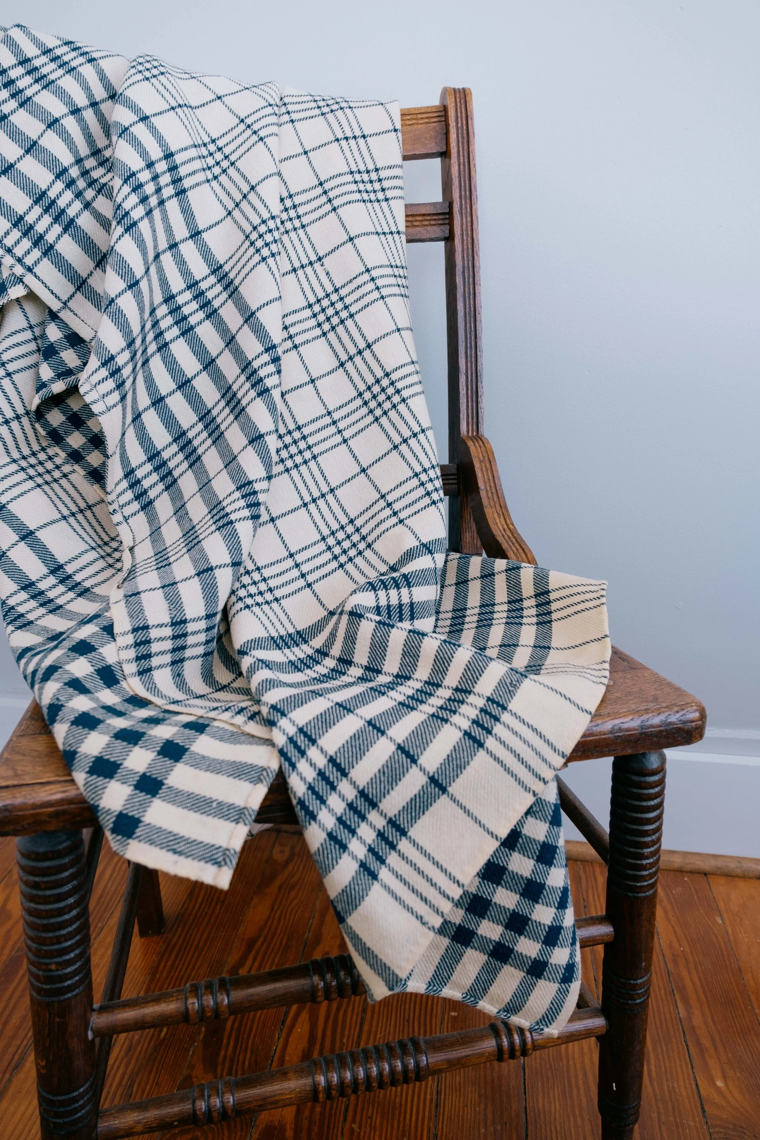Cream & Indigo Plaid Early Wool Blanket
