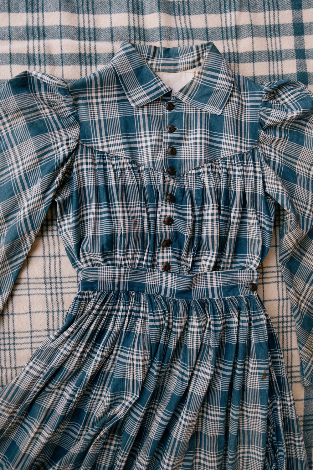blue plaid dress vintage Authentic Austrian Dress Vintage Plaid Prairie : Green Blue Tartan, White Lace Trim, Cottagecore Midi
