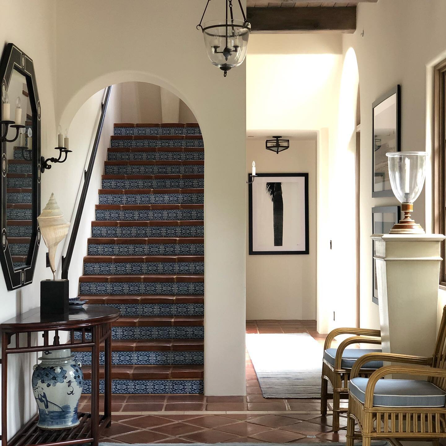 Stairs leading to the second floor of this beautiful Montecito Estate near the beach. A perfect showcase of our antique patina finish on custom iron work. We loved the final outcome and feel it complements the extensive paint and finishes we provided