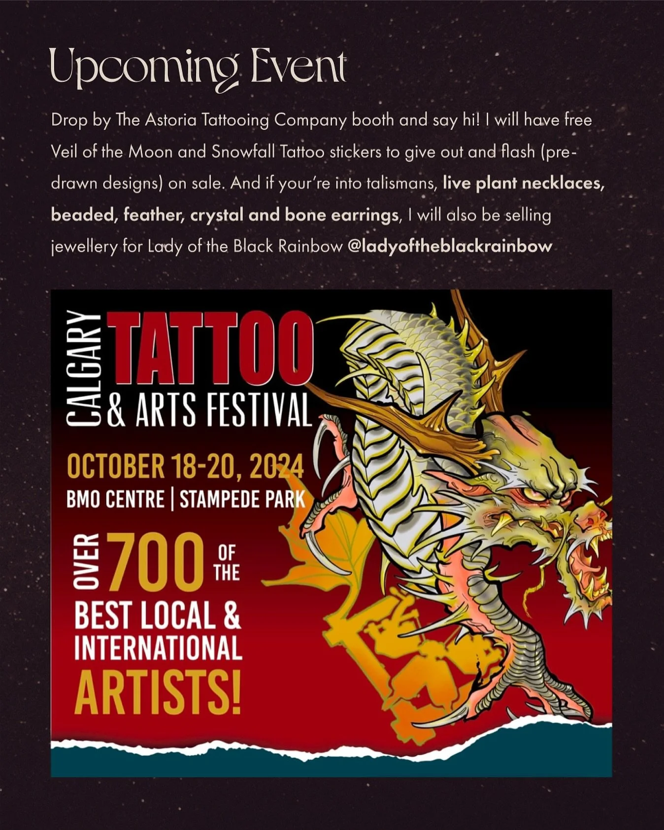MY NEXT MARKET is at the Calgary Tattoo convention - October 18-20 2024 🌼🍵👽 

📍You can find me at the @the.astoria.tattoo.co booth under my @veil.of.the.moon tattoo name. 

Come say hi 👋 and buy a few things for fun 🤓⛓️🧿🤍💅🏼 

STAMPEDE PARK 