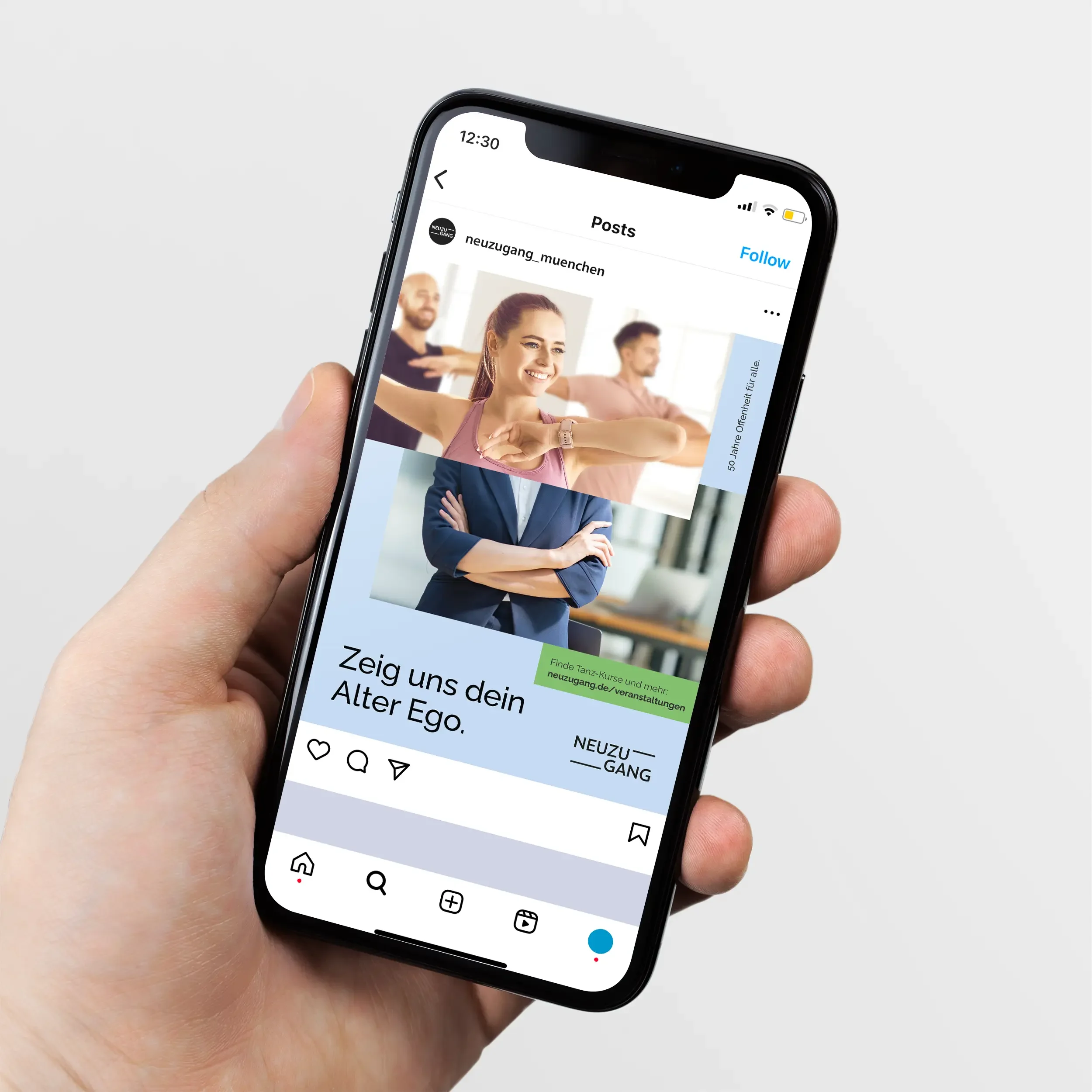 A hand holding a smartphone. The screen shows a social media post with two images: above, a photo of a young woman dancing; below, the lower torso of a woman in an office, as well as text.