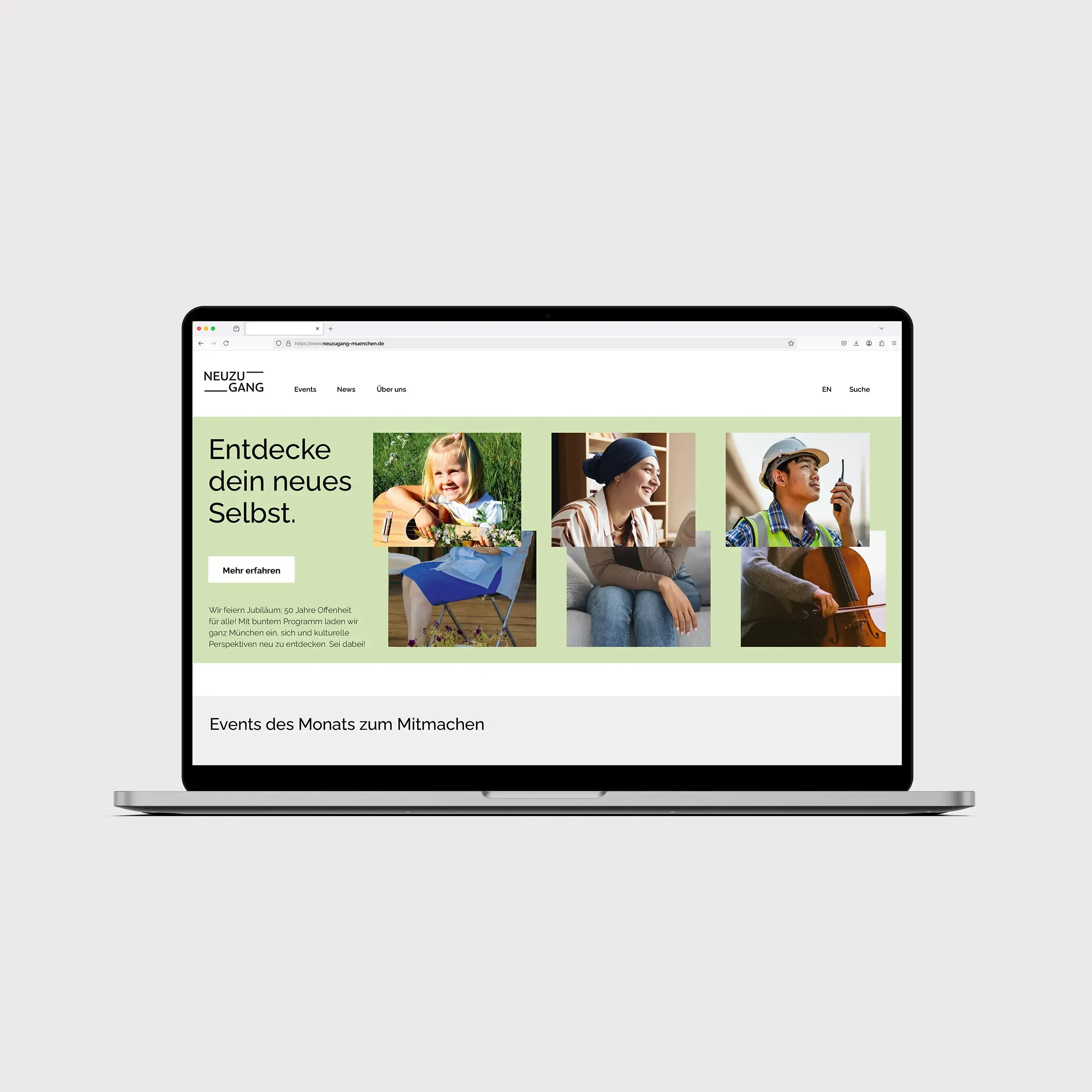 A silver laptop with a website open on its screen. The website displays a wide banner showing three pairs of images of people (each with a different upper and lower body) and text.