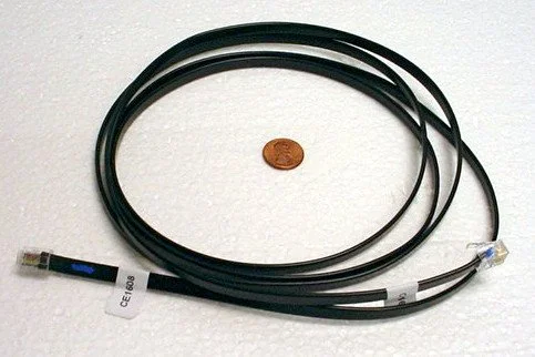 A black Ethernet cable with clear connectors on each end, coiled on white surface, next to a penny for size comparison.