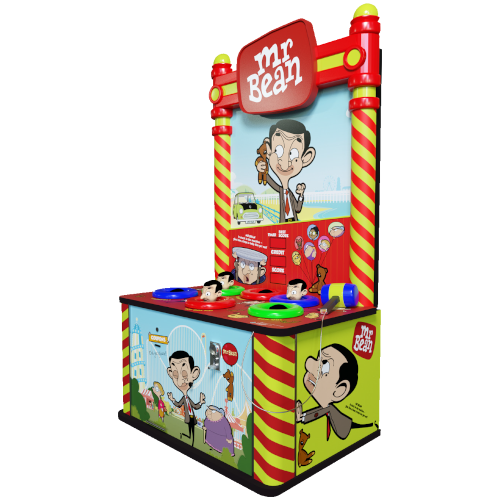 Colorful Mr. Bean-themed arcade game machine with cartoon images of Mr. Bean and characters, featuring buttons, levers, and a screen.