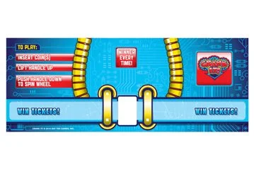 A colorful arcade-themed ticket with instructions for a game, including options to insert coins, press a button, and spin a wheel for a chance to win tickets. Features include a basketball graphic and a prize icon.