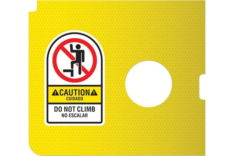 Yellow sign with a prohibited sign over a person climbing, caution label in yellow, and a warning in Spanish and English that says 'Do not climb.'