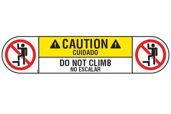 Warning caution sign with text advising not to climb, with additional warning symbols and no climbing icons in red circles.
