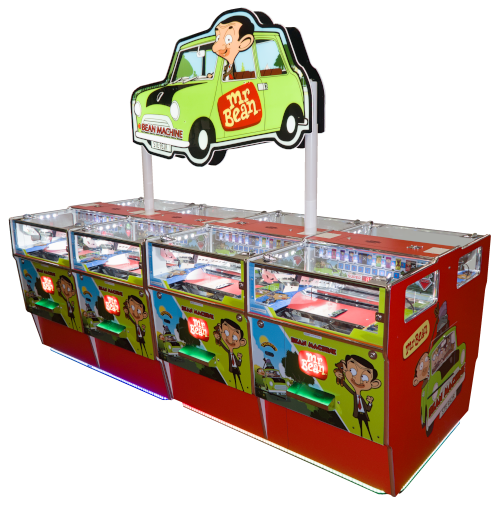 Mr. Bean themed arcade claw machine with a caricature of Mr. Bean in a green car on top.