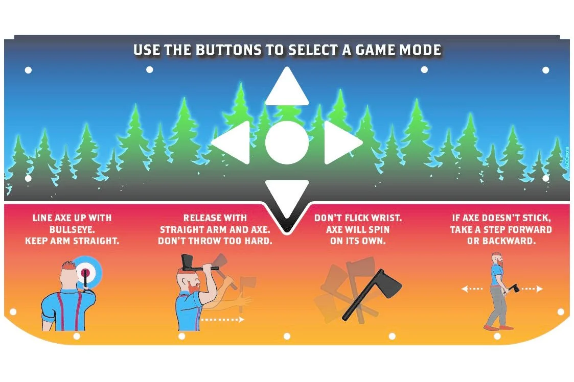 Instructions for using an axe to play a game, including proper safety and handling tips, with illustrations of a person aiming, swinging, and stepping forward.