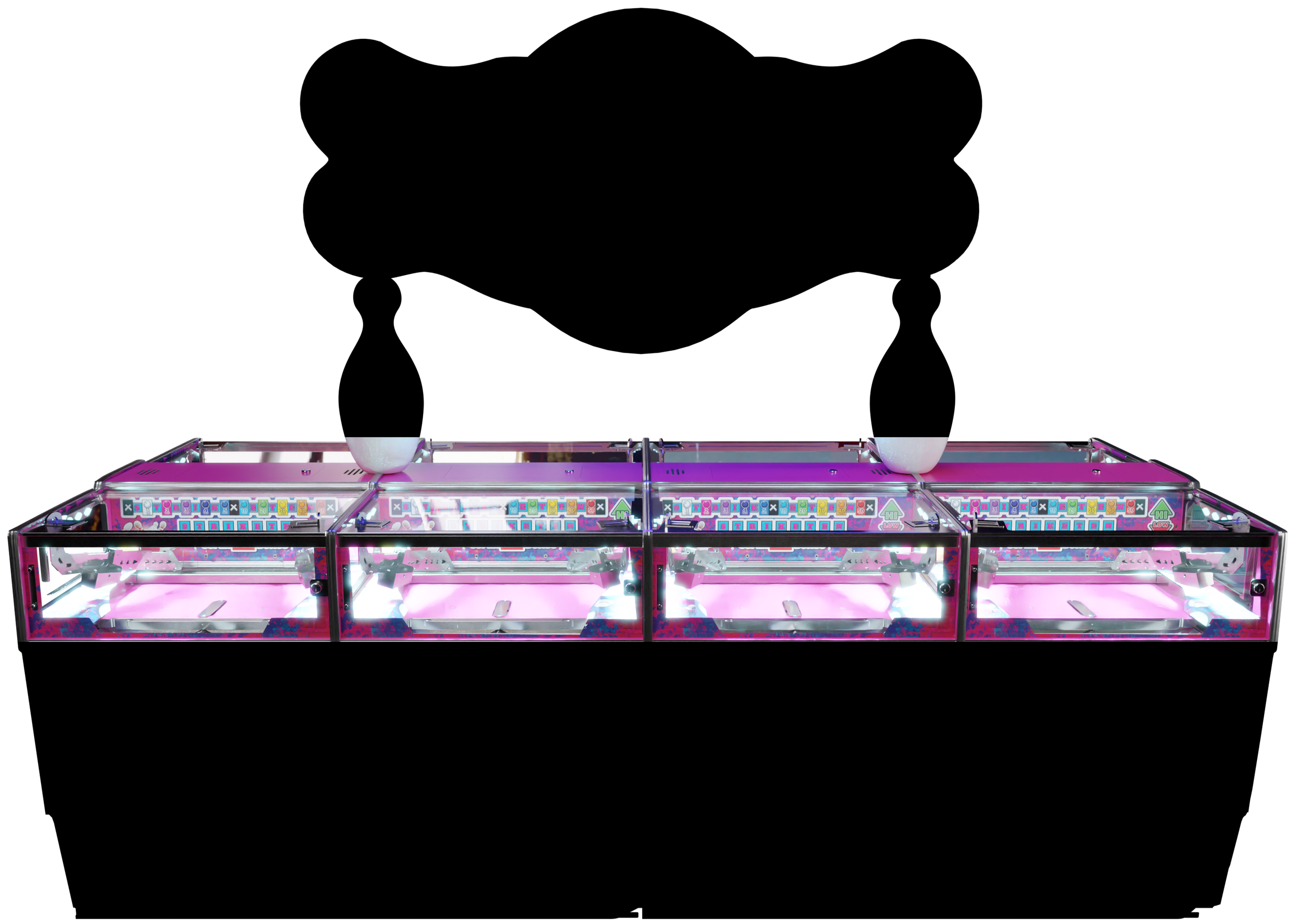 Row of arcade claw machines with pink lighting and control panels