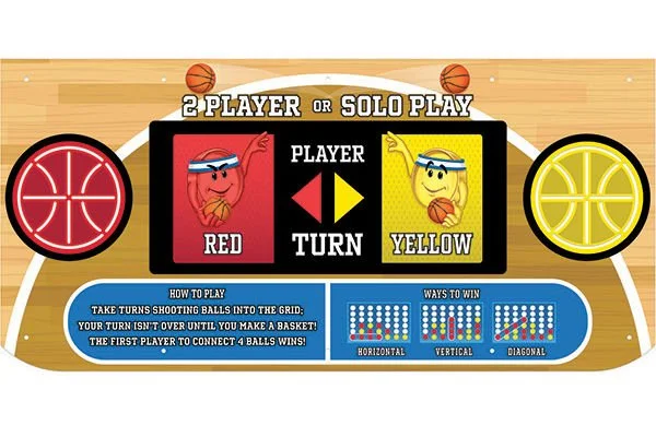 A basketball-themed game board for 2 players or solo play, featuring a wooden court background. The center shows a black turn indicator with red and yellow arrows. On the left, a red circle with basketball hoop graphics, and on the right, a yellow circle with similar basketball graphics. The game includes instructions for how to play, emphasizing shooting balls into the grid and forming a basket, and ways to win, including horizontal, vertical, and diagonal connections.