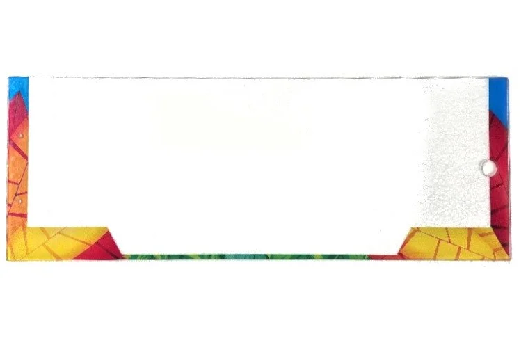 Colorful blank rectangular name tag with a white center and a decorative border featuring colors like red, yellow, blue, and green.