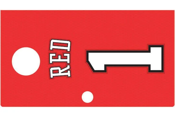 Red luggage tag with the word "RED" in white and black text and the number "1" in large white and black outline.