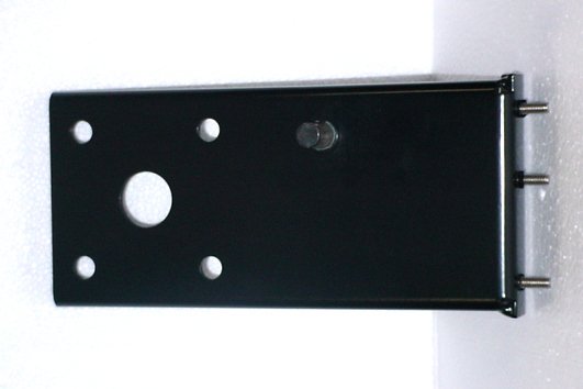 Black metal electronic component with multiple holes and two metal pins on the side.