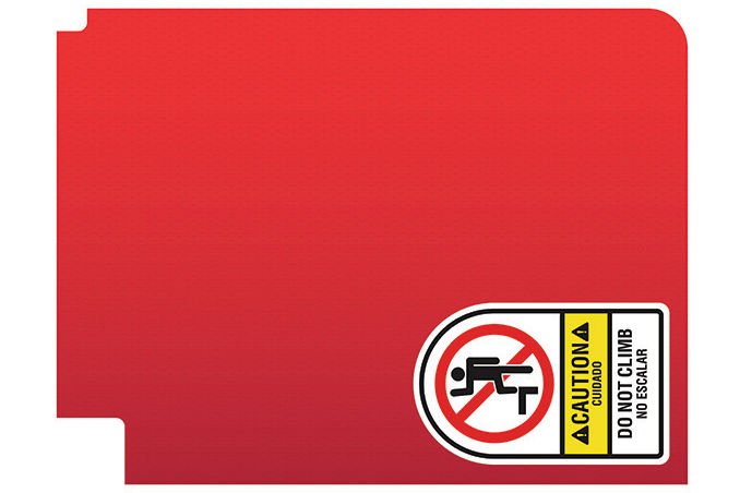 Warning sign with a red background and a no sitting symbol, caution label, and text stating 'Do not climb or scaldar'.