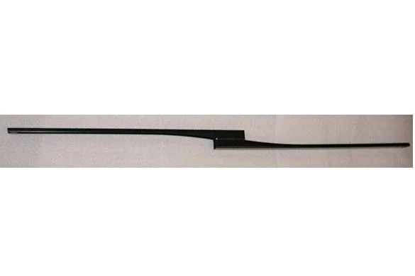 Black letter opener with a long, flat blade and a tapered handle resting on a light surface.