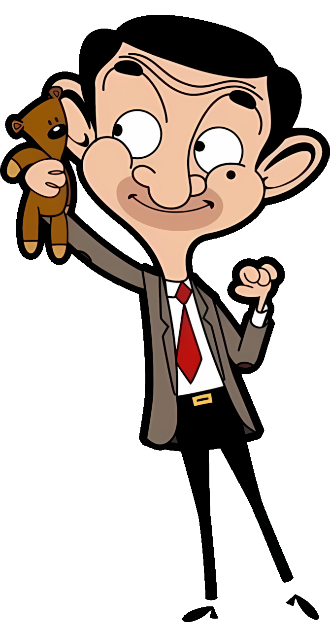 A cartoon character of Mr Bean with black hair, dressed in a brown suit, holding a small brown teddy bear in his left hand, smiling and making a fist with his right hand.