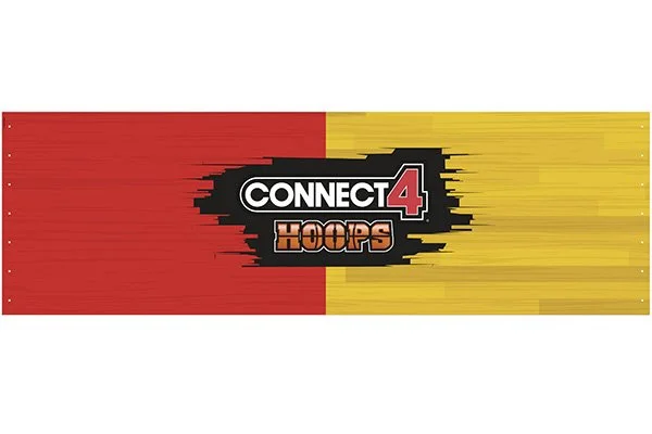 Connect 4 Hoops game logo with red and yellow background.