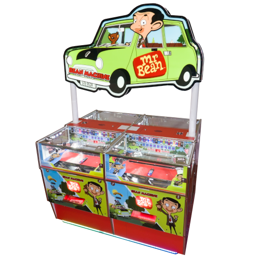 A Mr. Bean-themed arcade game machine with a cardboard cutout of Mr. Bean's face and car at the top, featuring the text 'Bean Machine' and images of Mr. Bean, with coin slots and game controls below.