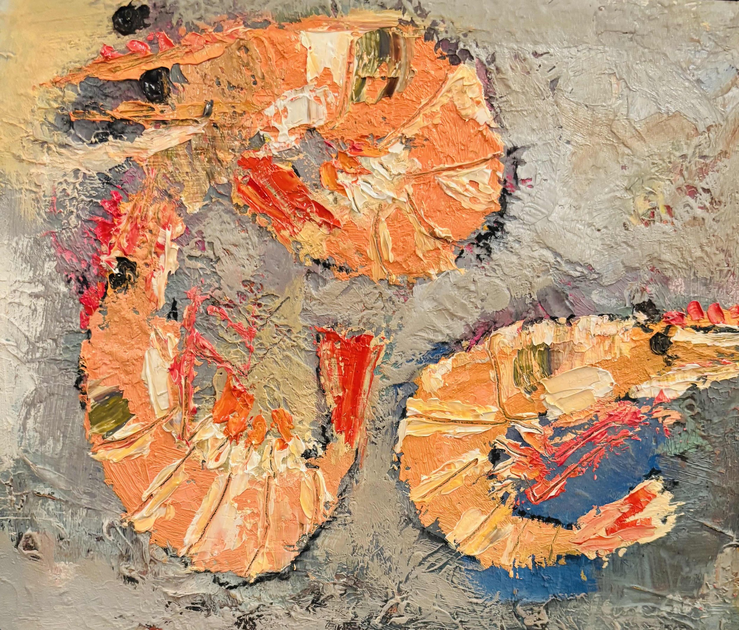 Three prawns painted with oil paint by Colette Clegg