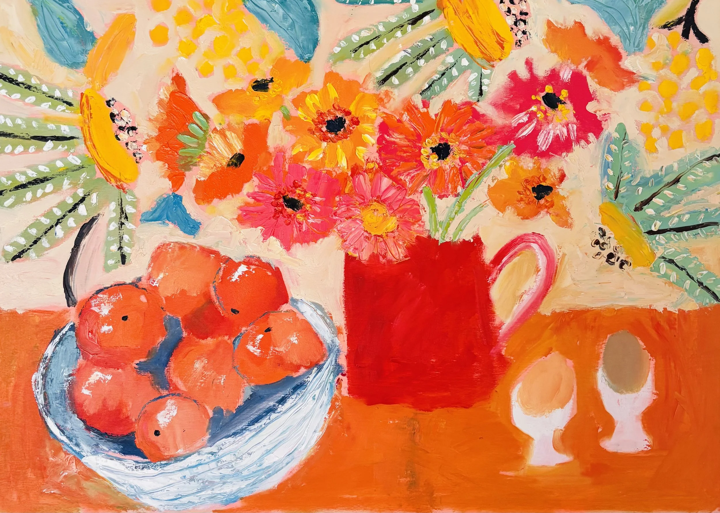 Still Life of Gerbera flowers and oranges painted with oil paint on a wood panel by Colette Clegg.