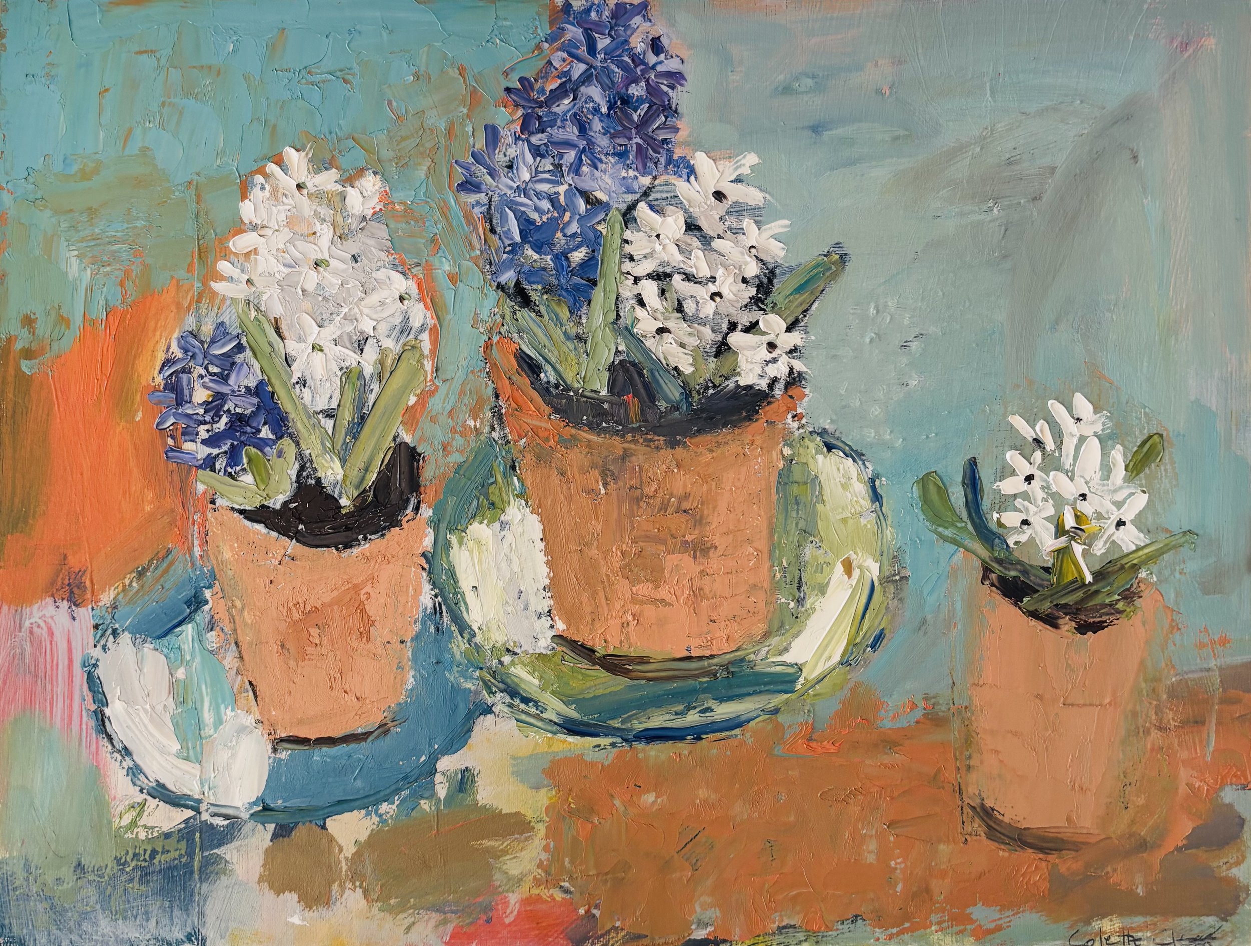 Hyacinths in orange pots. Painted in oil paint by Colette Clegg
