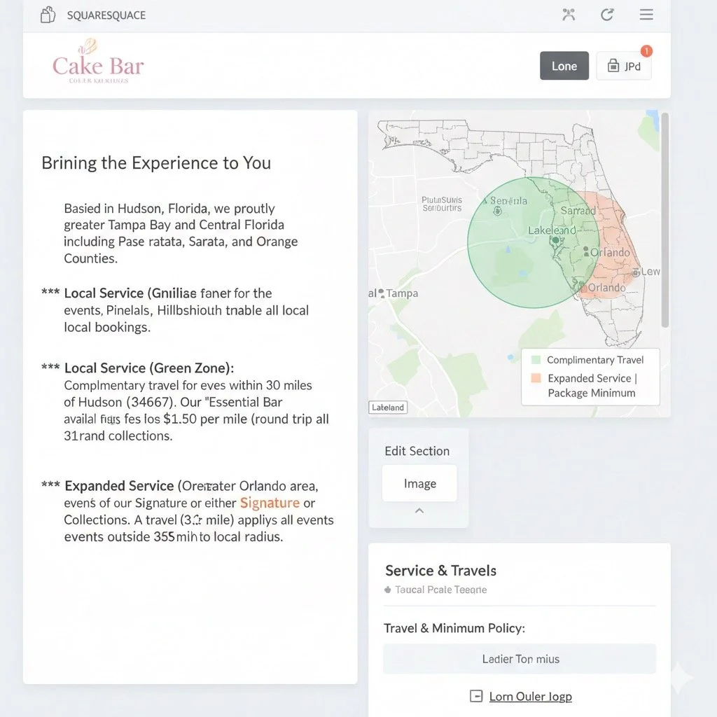 Service area map for cake bar catering in Hudson, Tampa, St. Pete, Orlando, and Sarasota