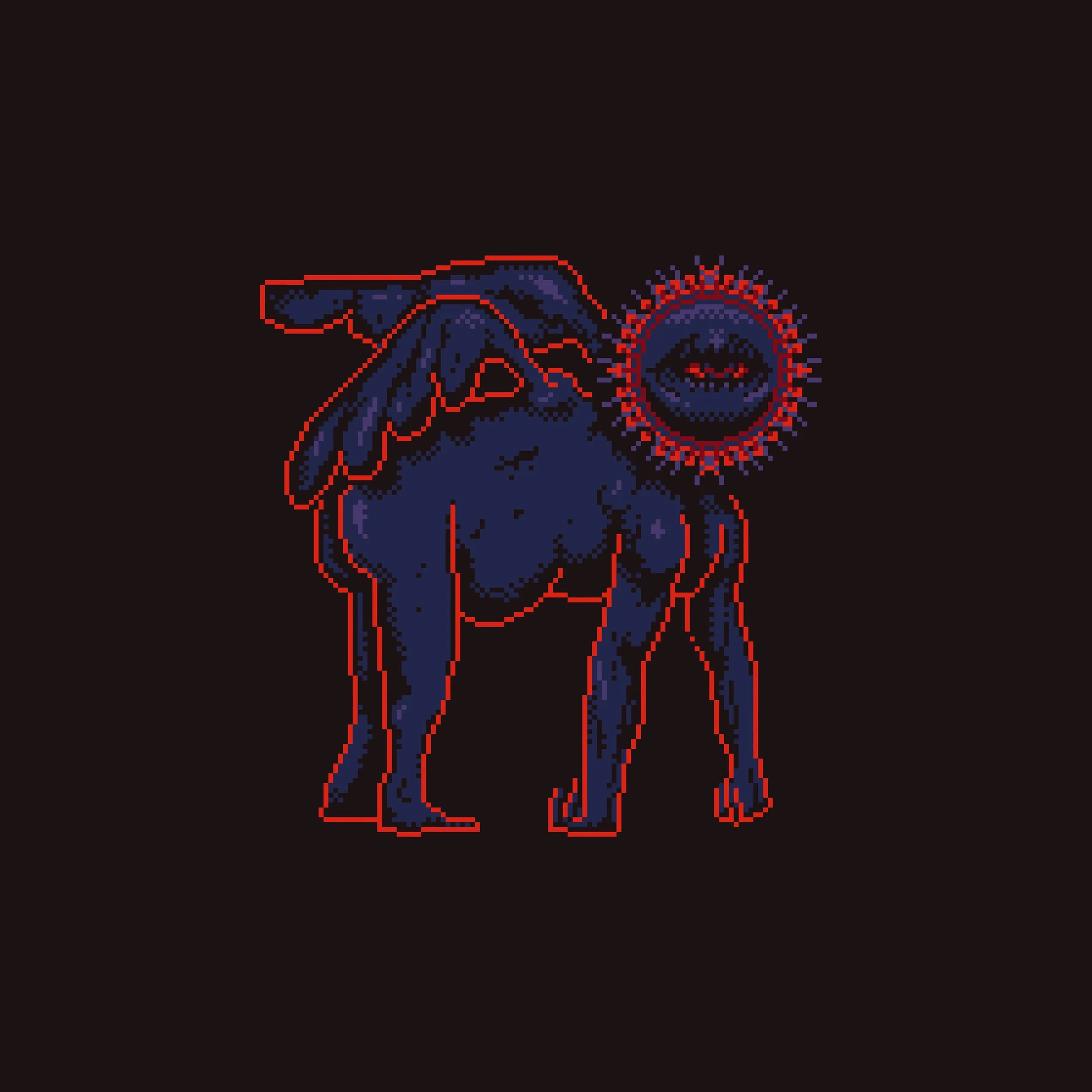 Pixel art of a blue goat with red outlines, with a virus-like face with a mouth inside a circular red and purple spiked border floating near its head.