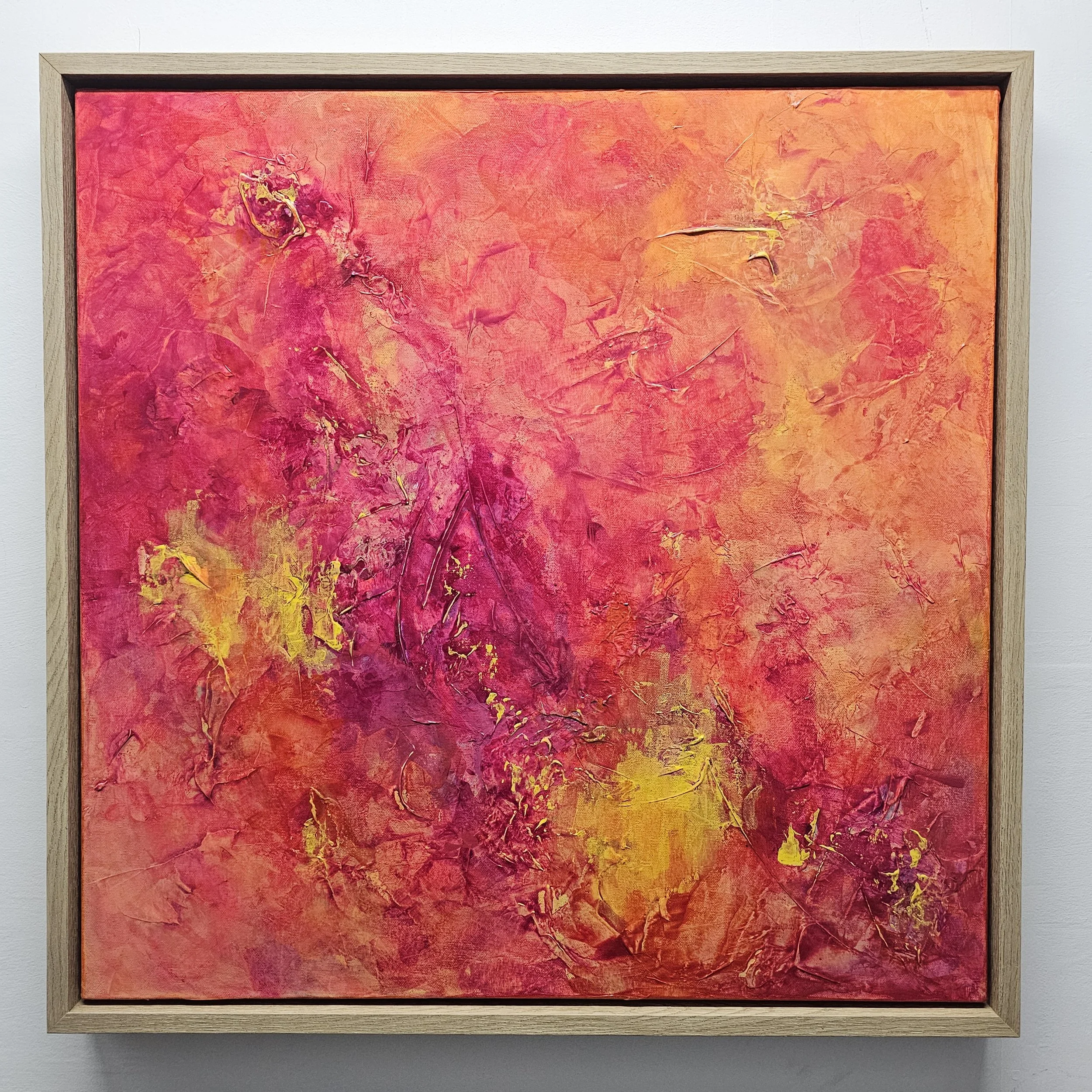 Vibrant abstract painting by Clare Garrad exploring love and connection. Original artwork shown at Seventh Circle Gallery, Birmingham.